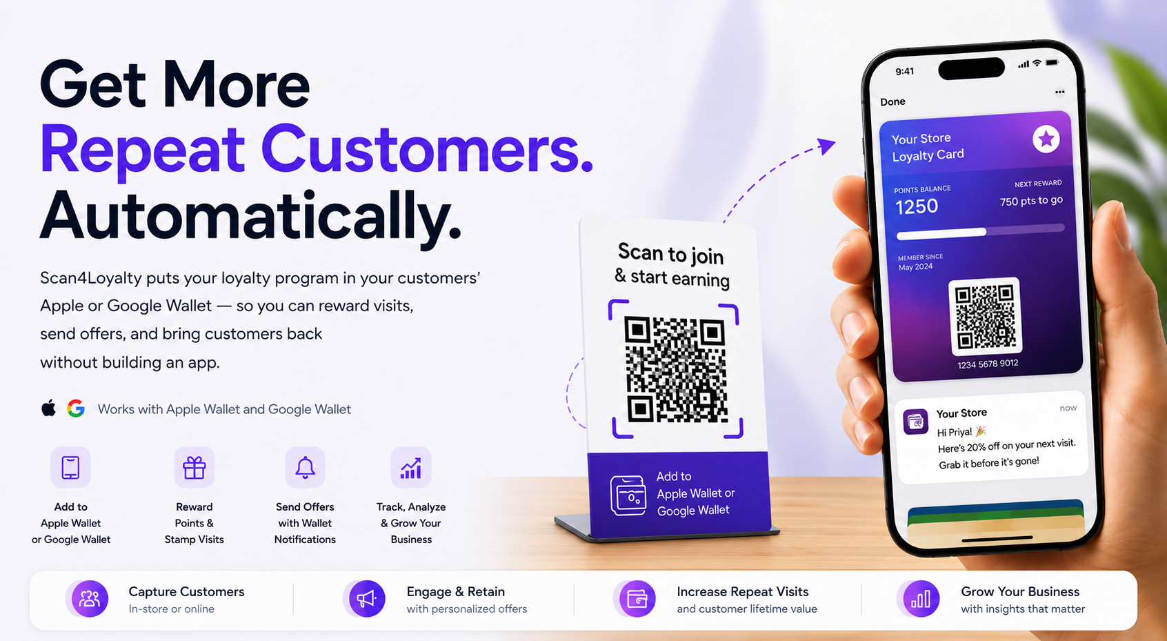Scan4Loyalty: Get More Repeat Customers, Automatically. Add a loyalty pass to Apple Wallet or Google Wallet, reward visits, send offers, and grow repeat business without building an app.